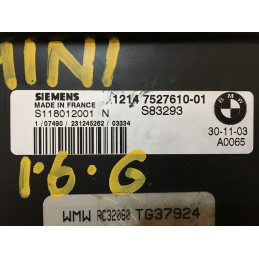 ECU SIEMENS EMS2 S118012001N MINI I (R50) 1.6i 85KW 115CV 12147527610-01 - CON INMOVILIZADOR ANULADO (INMO / IMMO OFF)
