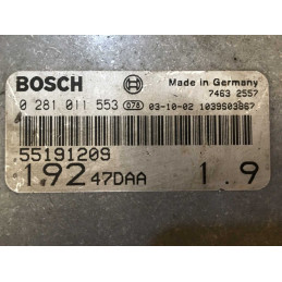 ECU BOSCH EDC15C7-2.3 0281011553 FIAT STILO I 1.9 JTD 85KW 115CV 192A1000 55191209 / SW 1037369113 / CON INMOVILIZADOR ANULADO