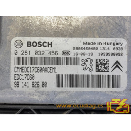 ECU BOSCH EDC17C60-3.10 0281032456 PEUGEOT 2008 1.6 HDI 73KW 100CV 9814182680 - CON INMOVILIZADOR ANULADO (INMO / IMMO OFF)