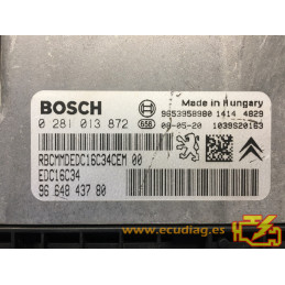 ECU BOSCH EDC16C34-4.11 0281013872 PEUGEOT 308 1.6 HDI 110HP 9664843780 / SW 9665902580 - 1037393478 - WITH DISABLED IMMOBILIZER
