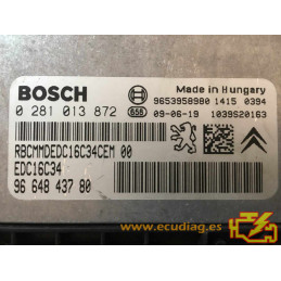 ECU BOSCH EDC16C34-4.11 0281013872 PEUGEOT 207 1.6 HDI 90CV 9664843780 / SW 9666080980 - 1037395378 - CON INMOVILIZADOR ANULADO