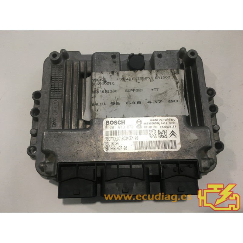 ECU BOSCH EDC16C34-4.11 0281013872 PEUGEOT 308 1.6 HDI 110CV 9664843780 / SW 9665489880 - 1037393464 - CON INMOVILIZADOR ANULADO