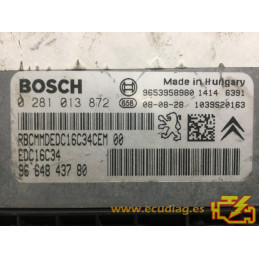 ECU BOSCH EDC16C34-4.11 0281013872 PEUGEOT 308 1.6 HDI 110CV 9664843780 / SW 9665489880 - 1037393464 - CON INMOVILIZADOR ANULADO