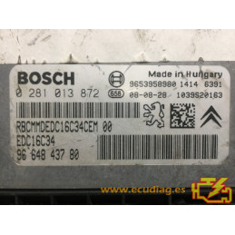 ECU BOSCH EDC16C34-4.11 0281013872 PEUGEOT 308 1.6 HDI 110HP 9664843780 / SW 9665489880 - 1037393464 - WITH DISABLED IMMOBILIZER
