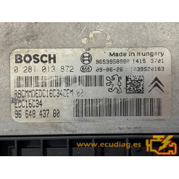 ECU BOSCH EDC16C34-4.11 0281013872 PEUGEOT 308 1.6 HDI 110CV 9664843780 / SW 9666728580 - 1037398207 - CON INMOVILIZADOR ANULADO