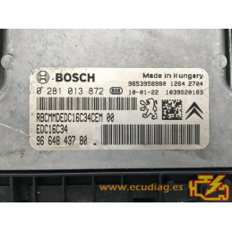 ECU BOSCH EDC16C34-4.11 0281013872 CITROEN C5 1.6 HDI 110HP 9664843780 / SW 9666674480 - 1039398245 - WITH DISABLED IMMOBILIZER