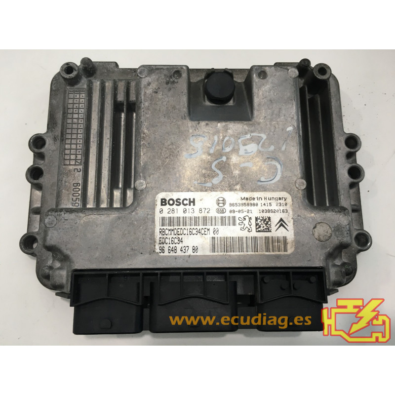 ECU BOSCH EDC16C34-4.11 0281013872 CITROEN C5 1.6 HDI 110CV 9664843780 / SW 9666561980 - 1039398223 - CON INMOVILIZADOR ANULADO