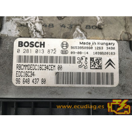 ECU BOSCH EDC16C34-4.11 0281013872 CITROEN C4 1.6 HDI 110CV 9664843780 / SW 9666125980 - 1037395376 - CON INMOVILIZADOR ANULADO