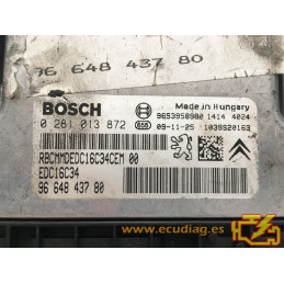 ECU BOSCH EDC16C34-4.11 0281013872 CITROEN C4 1.6 HDI 110CV 9664843780 / SW 99666126180 - 1037395374 - CON INMOVILIZADOR ANULADO