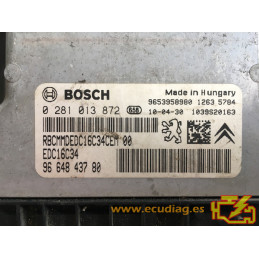 ECU BOSCH EDC16C34-4.11 0281013872 PEUGEOT 207 1.6 HDI 90CV 9664843780 / SW 9666752880 - 1037398249 - CON INMOVILIZADOR ANULADO