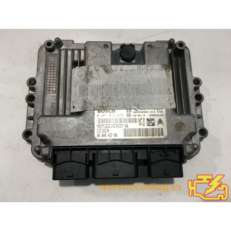 ECU BOSCH EDC16C34-4.11 0281013872 PEUGEOT 207 1.6 HDI 90CV 9664843780 / SW 9666807280 - 1037501005 - CON INMOVILIZADOR ANULADO