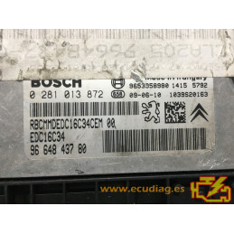 ECU BOSCH EDC16C34-4.11 0281013872 PEUGEOT 207 1.6 HDI 90CV 9664843780 / SW 9666807280 - 1037501005 - CON INMOVILIZADOR ANULADO