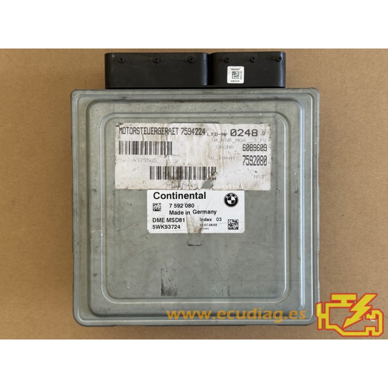ECU CONTINENTAL MSD81 5WK93724 BMW E91 325i V 3.0i 160KW 220CV L6 24V N53B30A 7592080 / SW 8619291 - CA4CCIHF.DAT ECU CONTINENTAL MSD81 5WK93724 BMW E91 325i V 3.0i 160KW 220CV L6 24V N53B30A 7592080 / SW 8619291 - CA4CCIHF.DAT