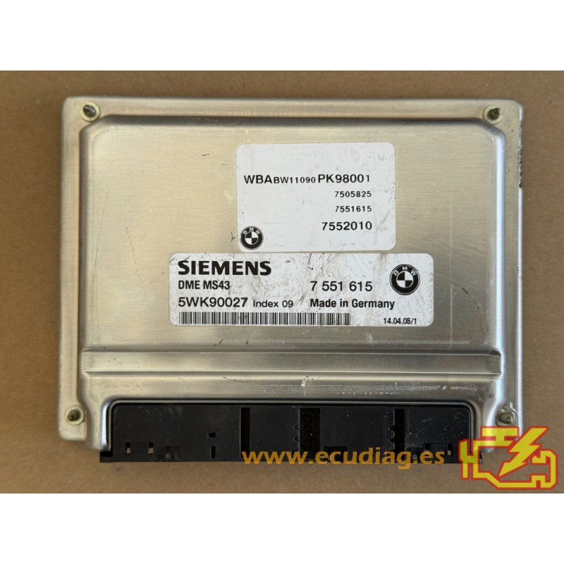 ECU SIEMENS MS43 5WK90027 BMW E46 320i IV CABRIO 2.2i 125KW 170CV 7551615 ECU SIEMENS MS43 5WK90027 BMW E46 320i IV CABRIO 2.2i 125KW 170CV 7551615