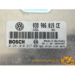 ECU BOSCH EDC15P+22.3.2 0281010217 VW PASSAT 1.9 TDI 115CV 038906019CE / SW 1041 - 1037352903 - CON INMOVILIZADOR ANULADO