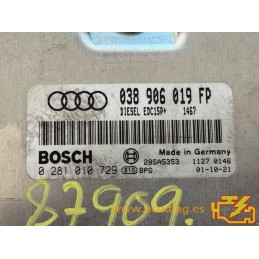 ECU BOSCH EDC15P+22.3.2 0281010729 AUDI A4 II (8E) 1.9 TDI 130CV 038906019FP / SW 1467 - 1037362705 - CON INMOVILIZADOR ANULADO