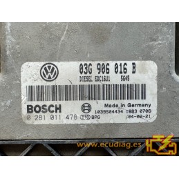 ECU BOSCH EDC16U1-5.41 0281011478 VW GOLF V (1K) 1.9 TDI 105CV 03G906016B / SW 5645 - 1037369564 - CON INMOVILIZADOR ANULADO