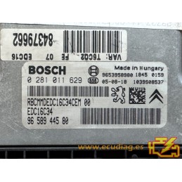 ECU BOSCH EDC16C34-2.10 0281011629 PEUGEOT 307 1.6 HDI 110HP 9658944580 / SW 9658944580 - 1037374179 - WITH DISABLED IMMOBILIZER
