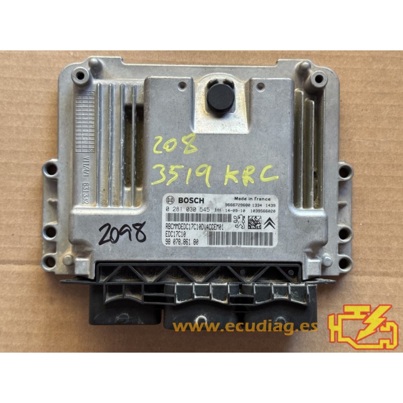ECU BOSCH EDC17C10-5.10 0281030545 PEUGEOT 208 1.4 HDI 68CV 9607886180 / SW 9691675580 - 1037540102 - CON INMOVILIZADOR ANULADO